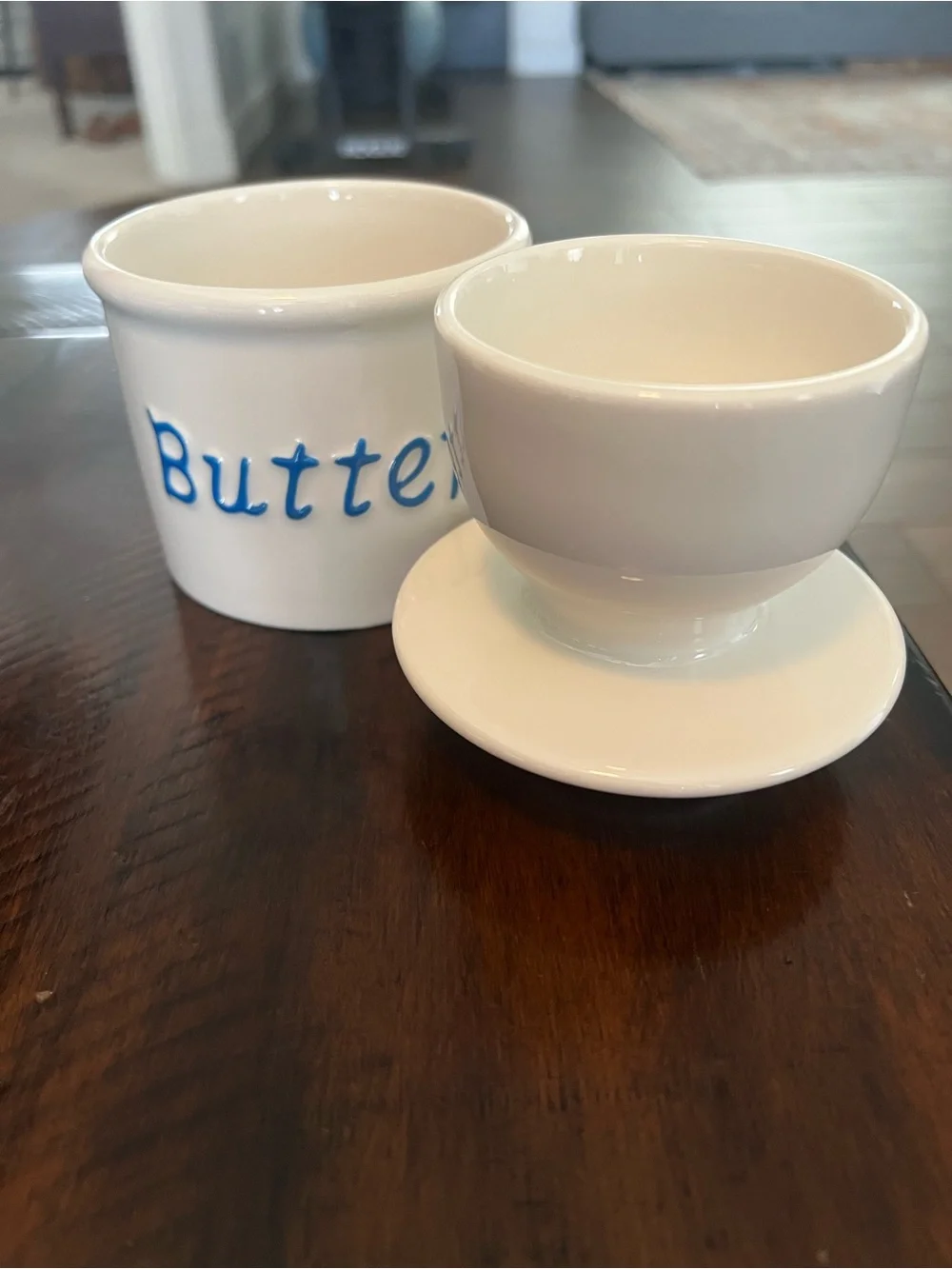 Ceramic Butter Crock - White with Blue Lettering